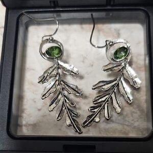Silver Leaf Earrings with Green Gemstone